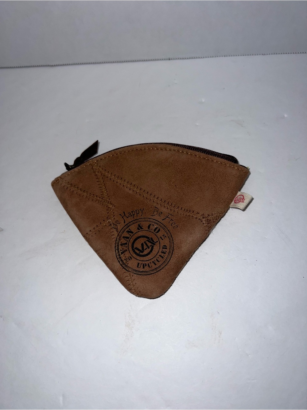 Vaan & Co Triangle Brown Upcycled Leather Triangle Coin Pouch with Stamp Logo